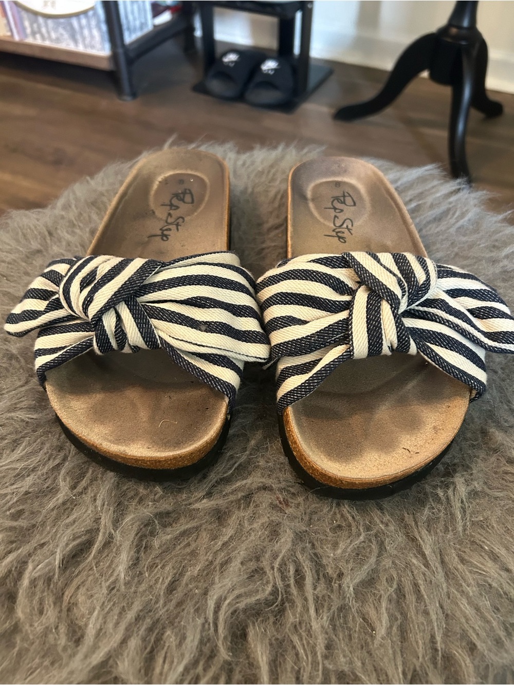 Sz 8 Pep Step Navy & White Striped Knot Slide Sandals